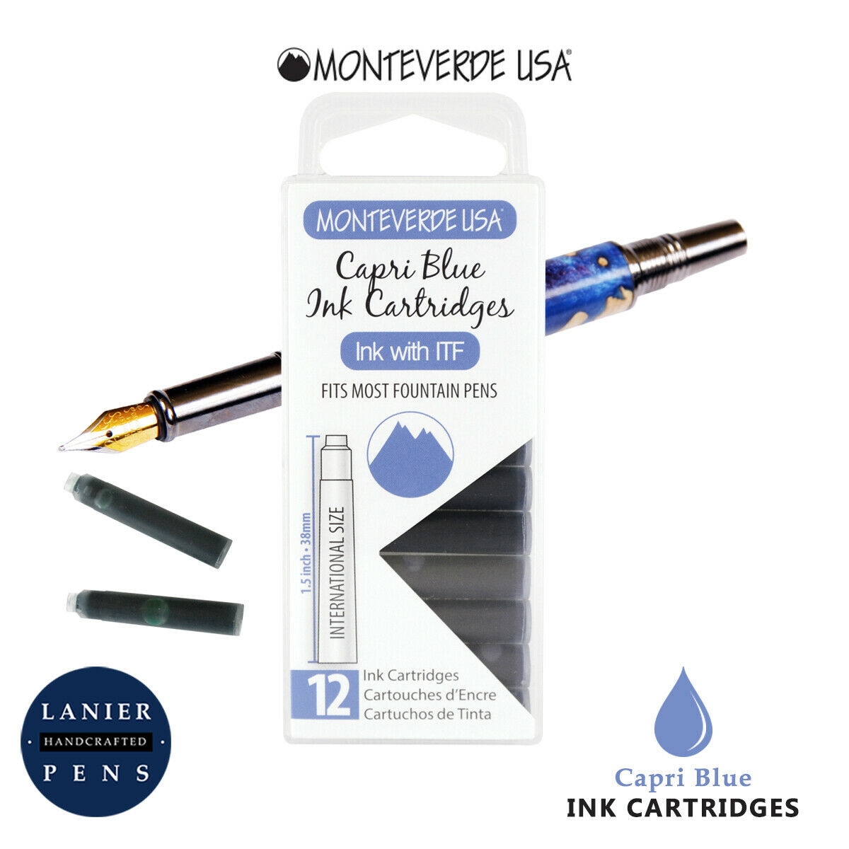 Monteverde G305CB Ink Cartridges Clear Case Gemstone Capri Blue- Pack of 12