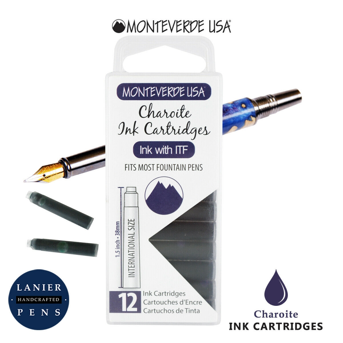 Monteverde G305CH Ink Cartridges Clear Case Gemstone Charoite- Pack of 12