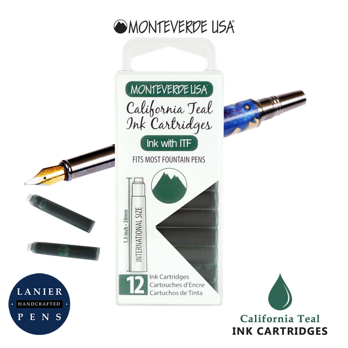 Monteverde G305CT Ink Cartridges Clear Case Gemstone California Teal- Pack of 12