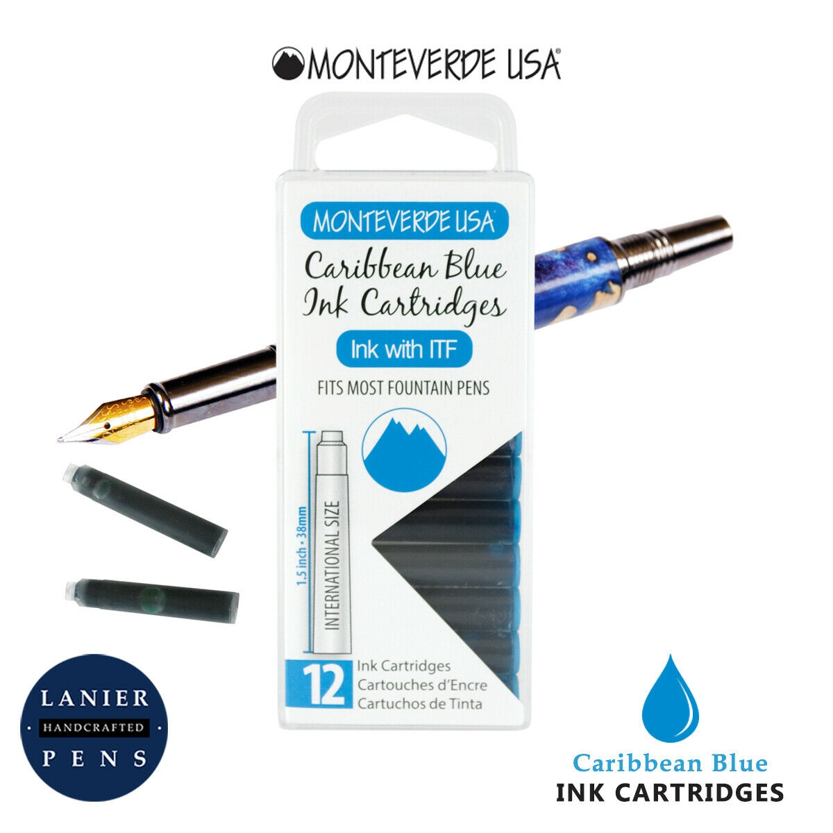 Monteverde G305CU Ink Cartridges Clear Case Gemstone Caribbean Blue- Pack of 12