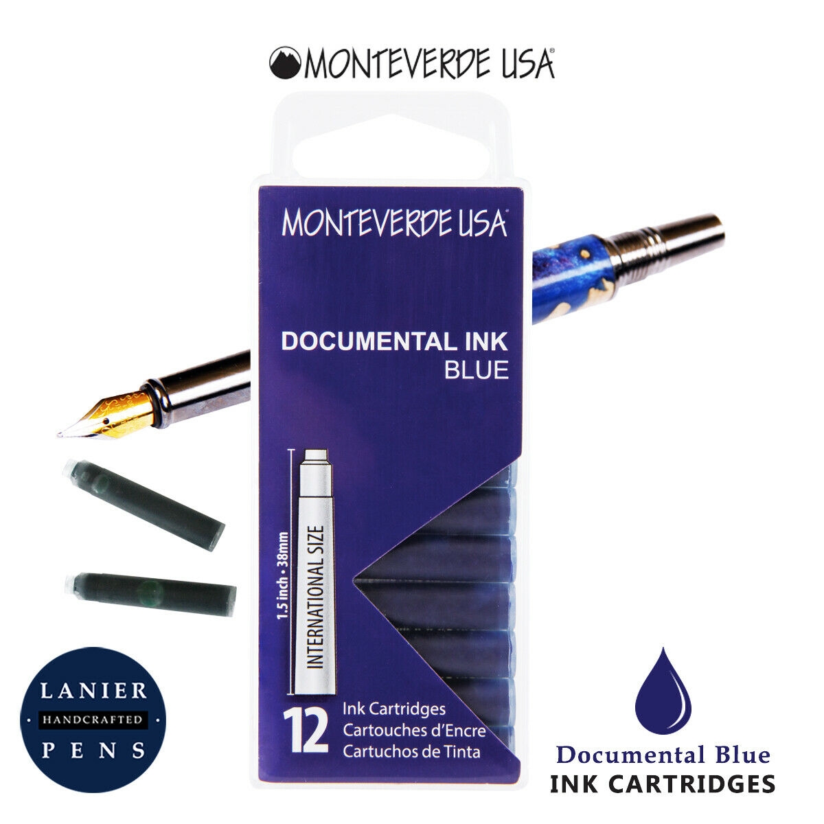 Monteverde G305DU Ink Cartridges Clear Case Documental Permanent Blue-Pack of 12