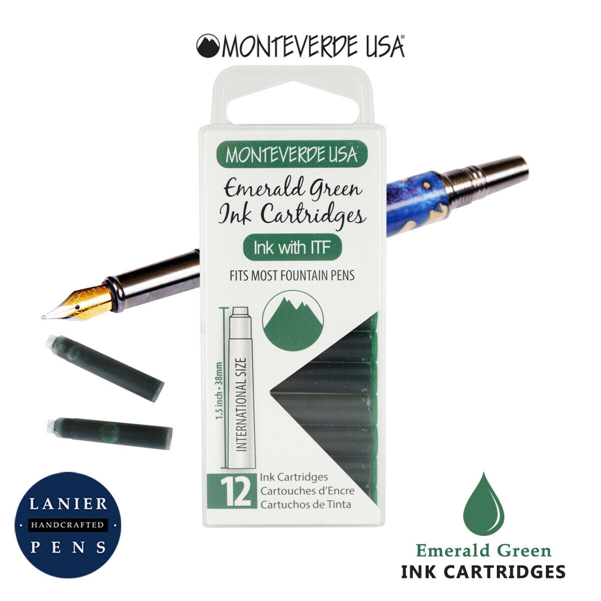 Monteverde G305EG Ink Cartridges Clear Case Gemstone Emerald Green- Pack of 12