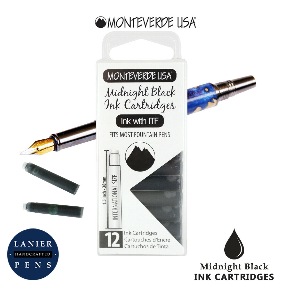Monteverde G305MB Ink Cartridges Clear Case Gemstone Midnight Black- Pack of 12