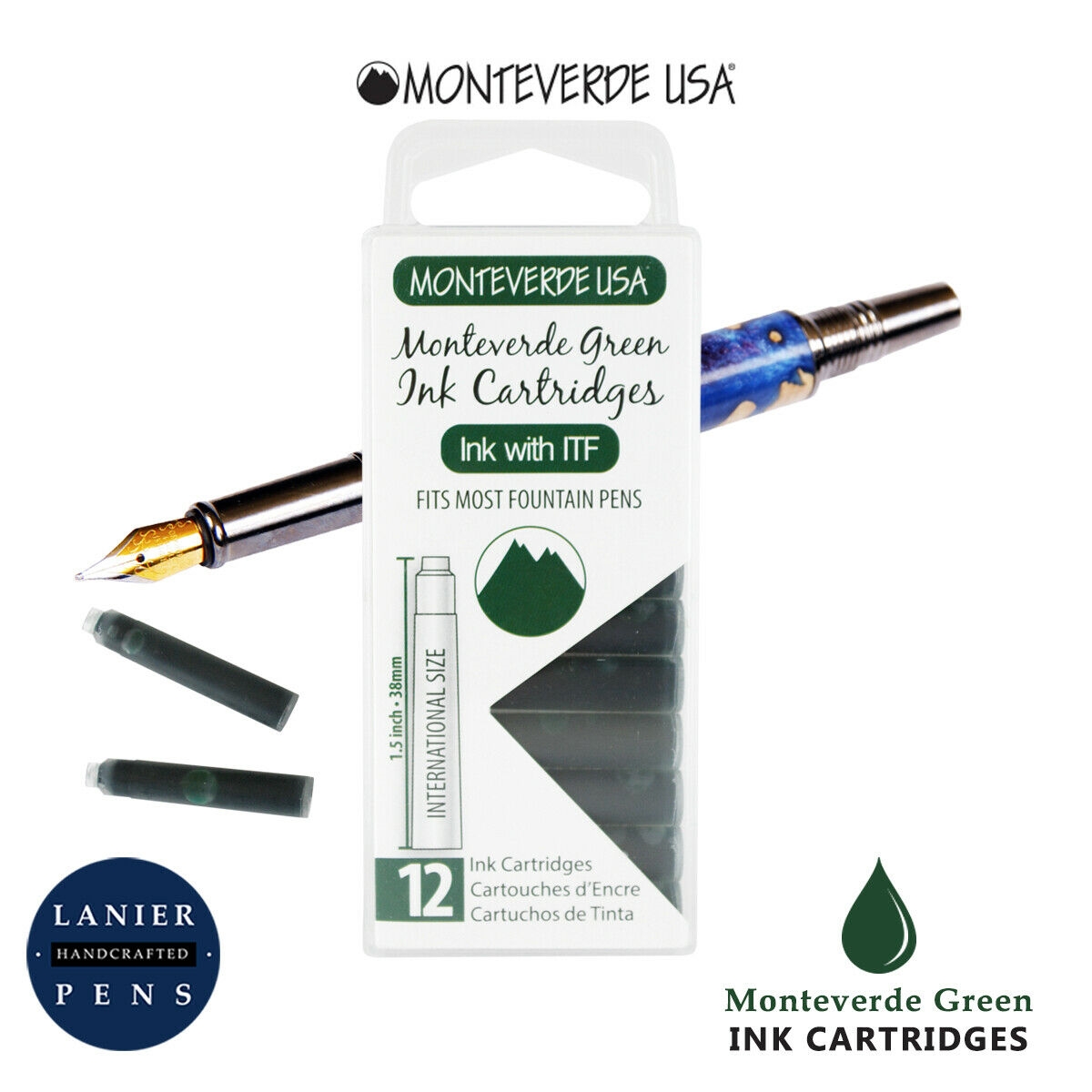 Monteverde G305MG Ink Cartridges Clear Case Gemstone Monteverde Green-Pack of 12