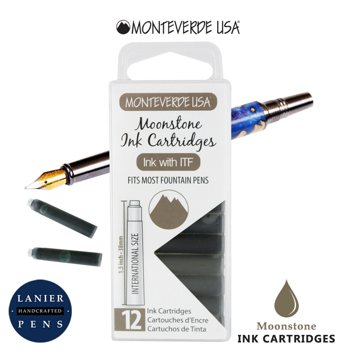 Monteverde G305MS Ink Cartridges Clear Case Gemstone Moonstone- Pack of 12