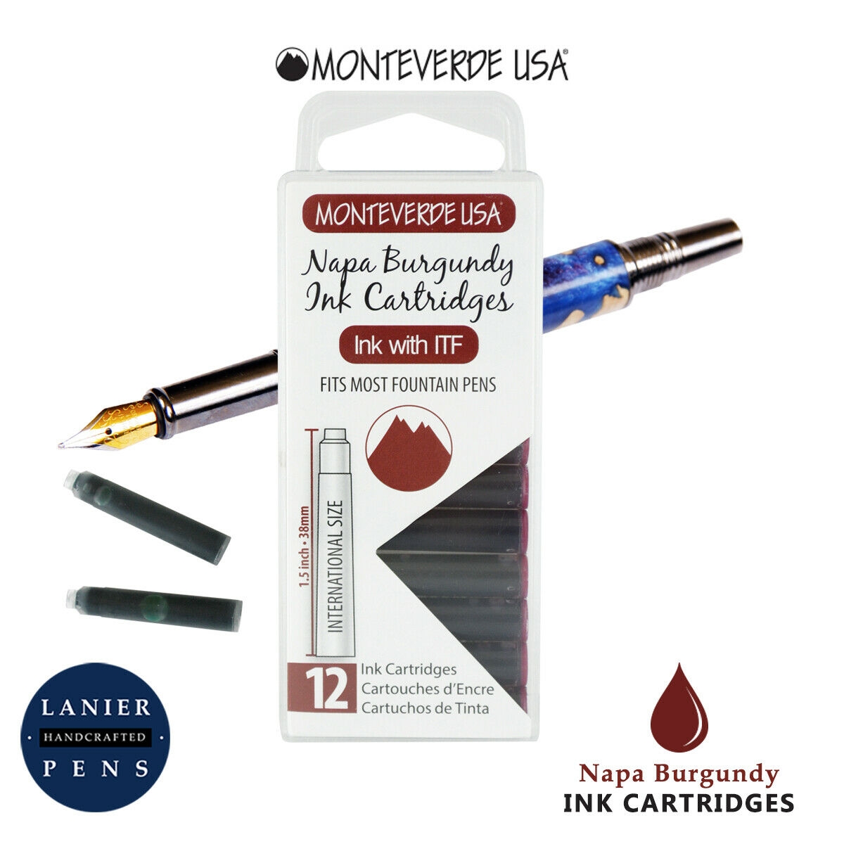 Monteverde G305NB Ink Cartridges Clear Case Gemstone Napa Burgundy- Pack of 12