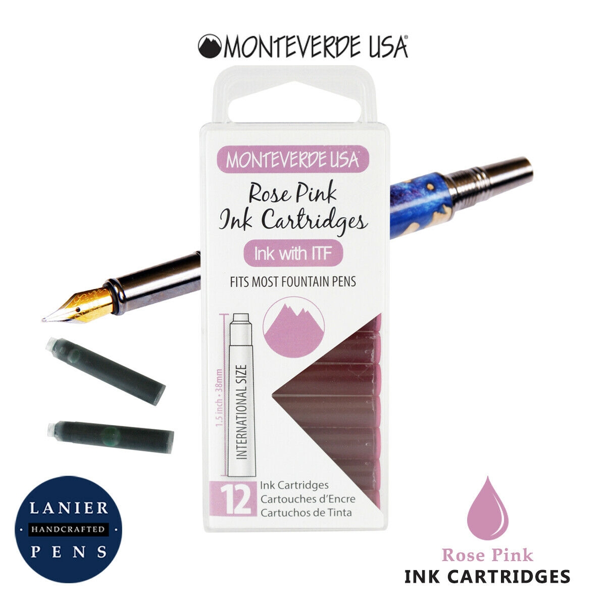Monteverde G305RP Ink Cartridges Clear Case Gemstone Rose Pink- Pack of 12