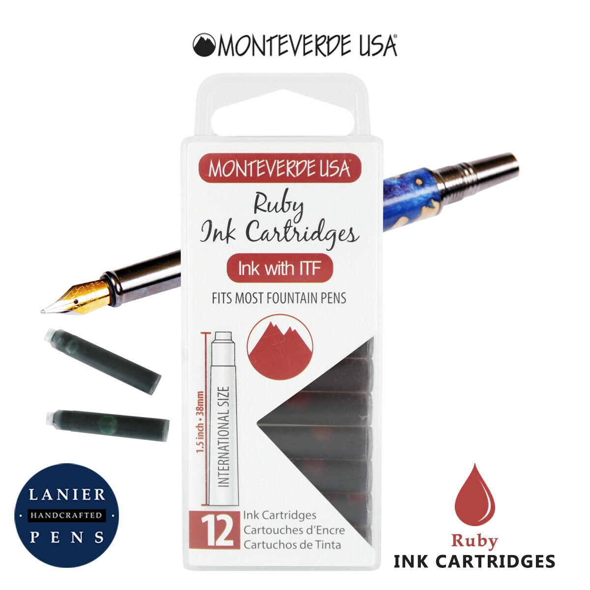 Monteverde G305RU Ink Cartridges Clear Case Gemstone Ruby- Pack of 12