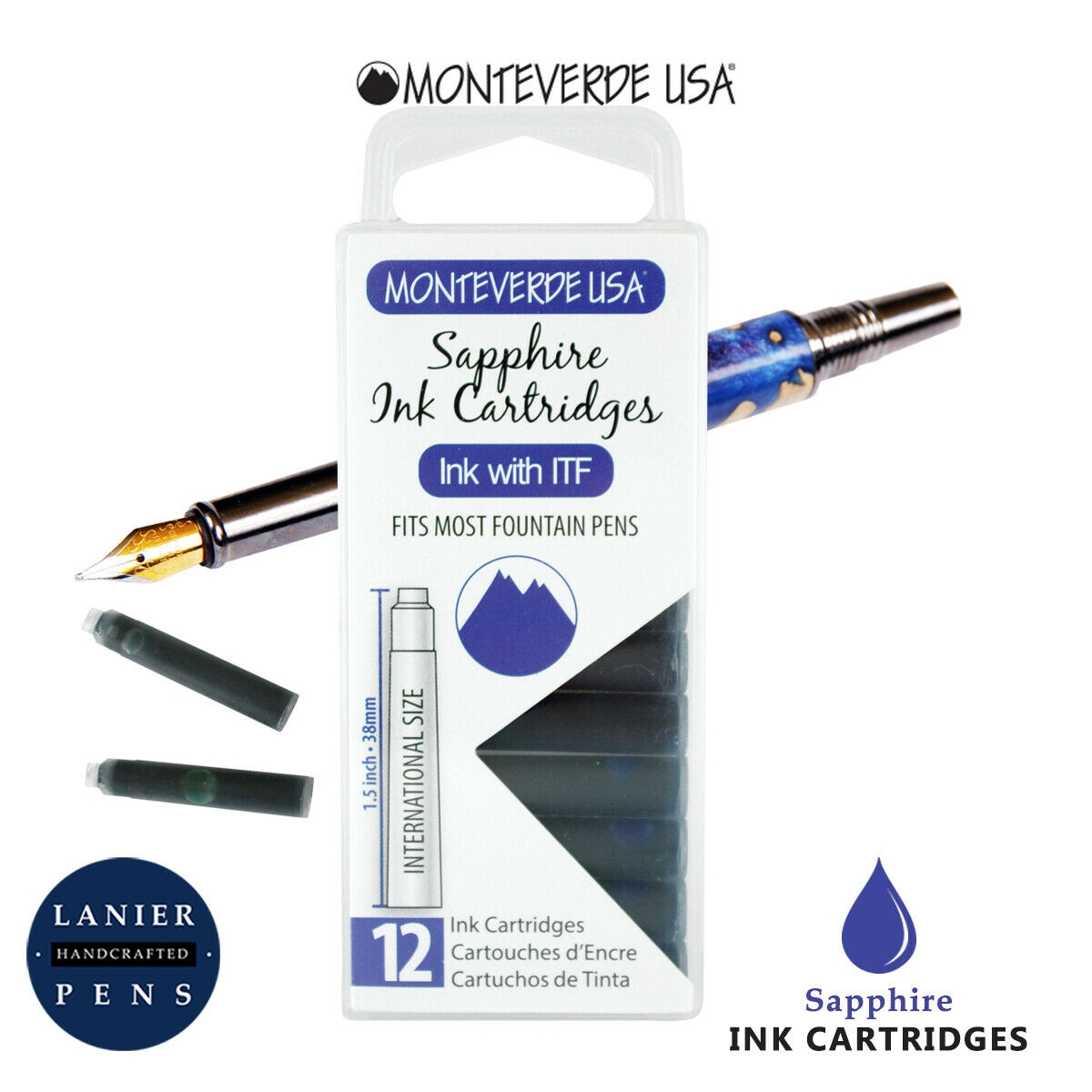 Monteverde G305SA Ink Cartridges Clear Case Gemstone Sapphire- Pack of 12