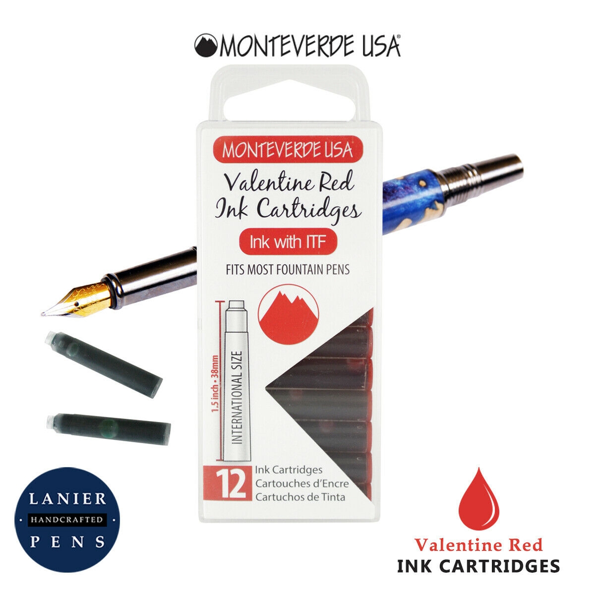 Monteverde G305VR Ink Cartridges Clear Case Gemstone Valentine Red- Pack of 12