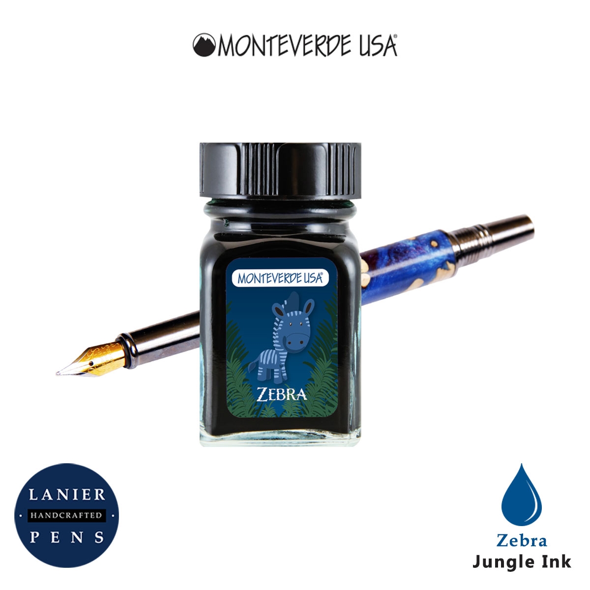 Monteverde G309ZE 30 ml Jungle Fountain Pen Ink Bottle - Zebra (Blue)