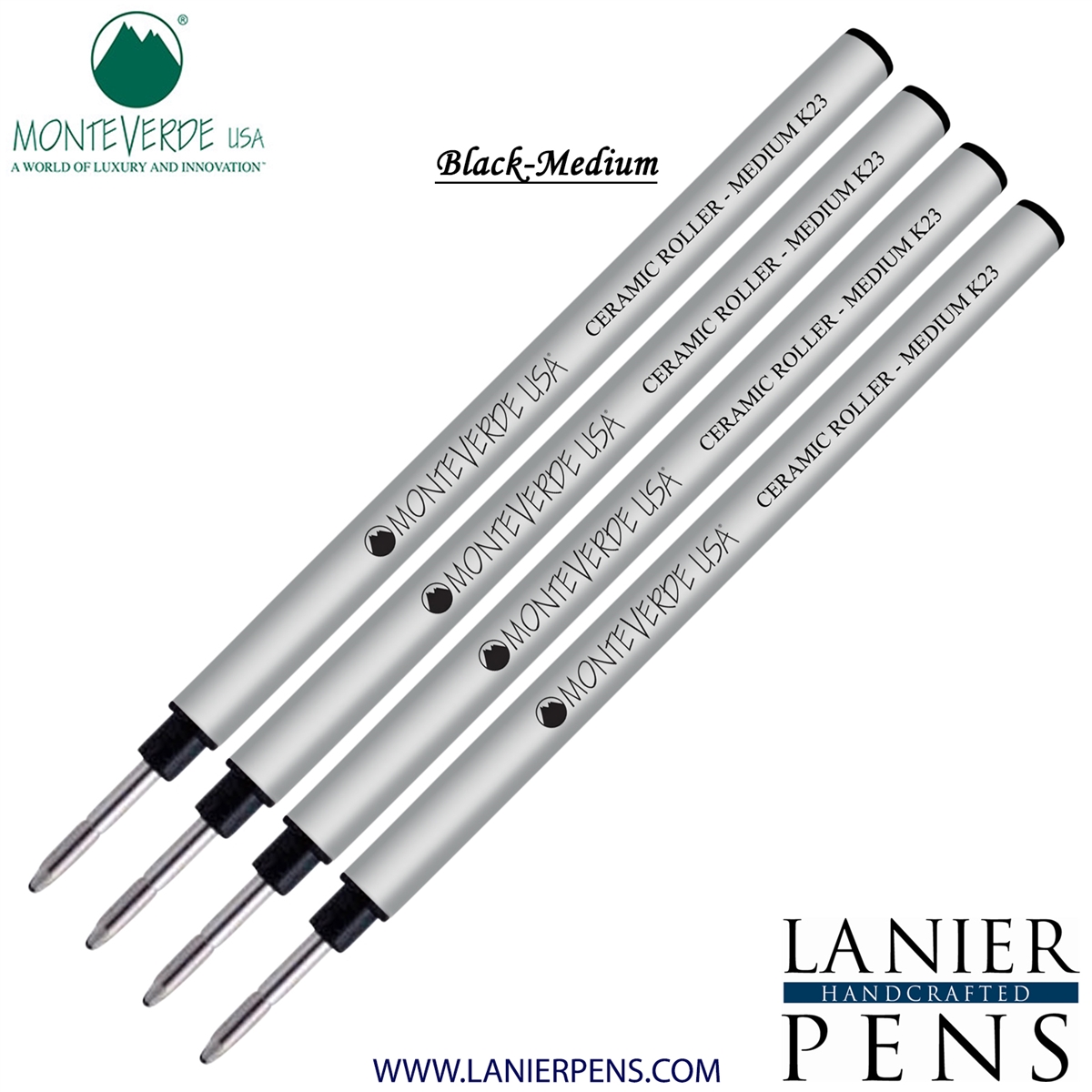 4 Pack - Monteverde Capless Ceramic Rollerball K23 Gel Ink Refill Compatible with most Pelikan Style Rollerball Pens - Black (Medium Tip 0.7mm) - Lanier Pens