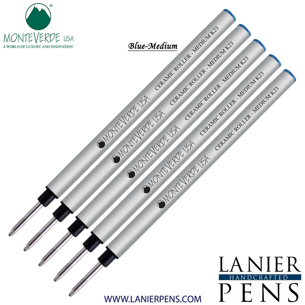 5 Pack - Monteverde Capless Ceramic Rollerball K23 Gel Ink Refill Compatible with most Pelikan Style Rollerball Pens - Blue (Medium Tip 0.7mm) - Lanier Pens