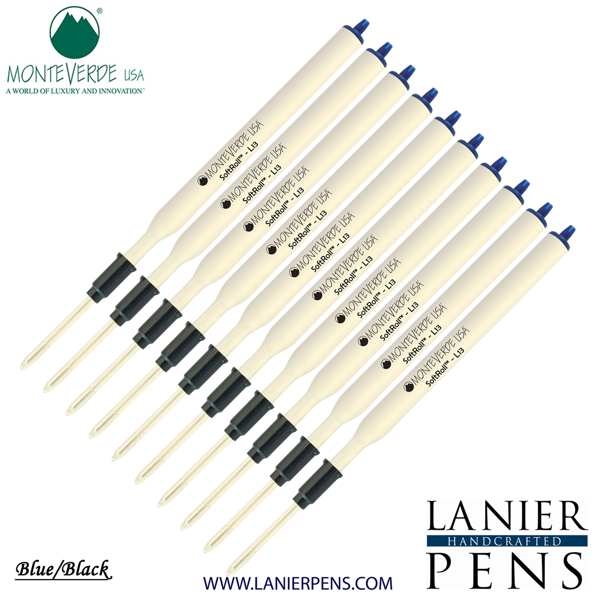 10 Pack - Monteverde Soft Roll Ballpoint L13 Paste Ink Refill Compatible with most Lamy Style Ballpoint Pens - BlueBlack (Medium Tip 0.7mm) - Lanier Pens