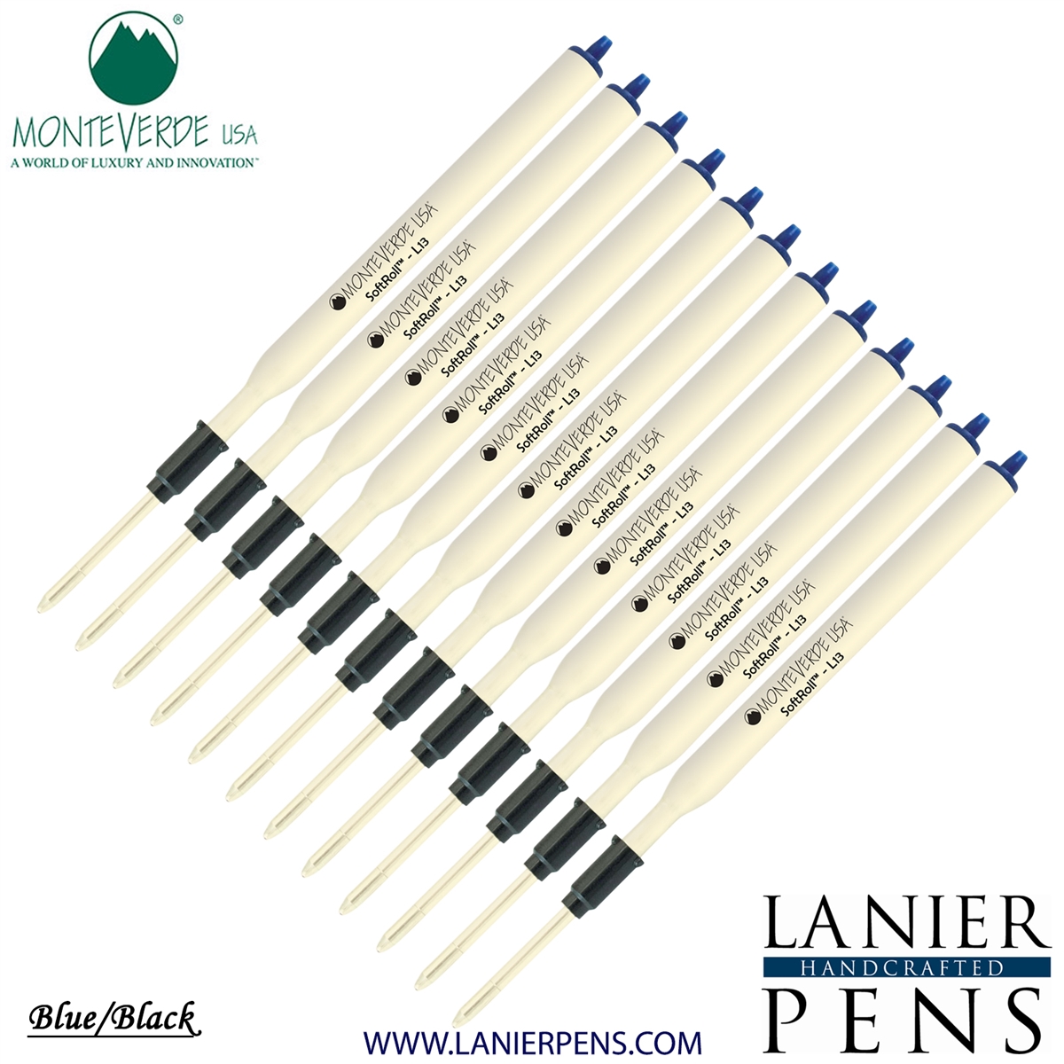 12 Pack - Monteverde Soft Roll Ballpoint L13 Paste Ink Refill Compatible with most Lamy Style Ballpoint Pens - BlueBlack (Medium Tip 0.7mm) - Lanier Pens