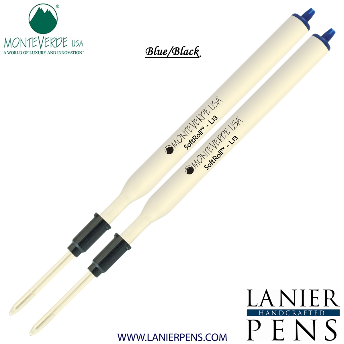 2 Pack - Monteverde Soft Roll Ballpoint L13 Paste Ink Refill Compatible with most Lamy Style Ballpoint Pens - BlueBlack (Medium Tip 0.7mm) - Lanier Pens
