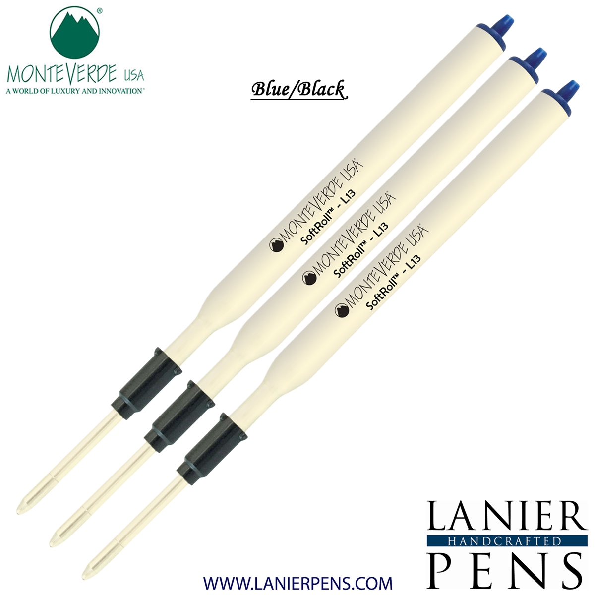 3 Pack - Monteverde Soft Roll Ballpoint L13 Paste Ink Refill Compatible with most Lamy Style Ballpoint Pens - BlueBlack (Medium Tip 0.7mm) - Lanier Pens