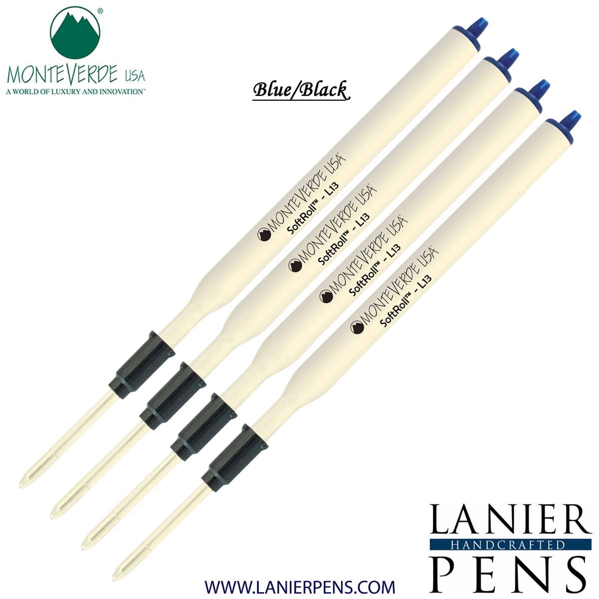 4 Pack - Monteverde Soft Roll Ballpoint L13 Paste Ink Refill Compatible with most Lamy Style Ballpoint Pens - BlueBlack (Medium Tip 0.7mm) - Lanier Pens