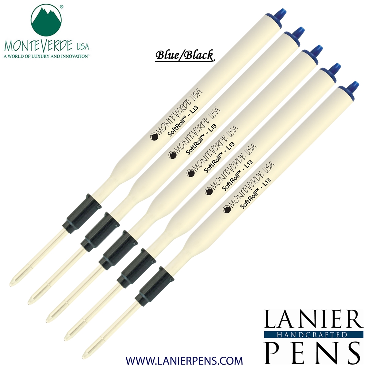 5 Pack - Monteverde Soft Roll Ballpoint L13 Paste Ink Refill Compatible with most Lamy Style Ballpoint Pens - BlueBlack (Medium Tip 0.7mm) - Lanier Pens
