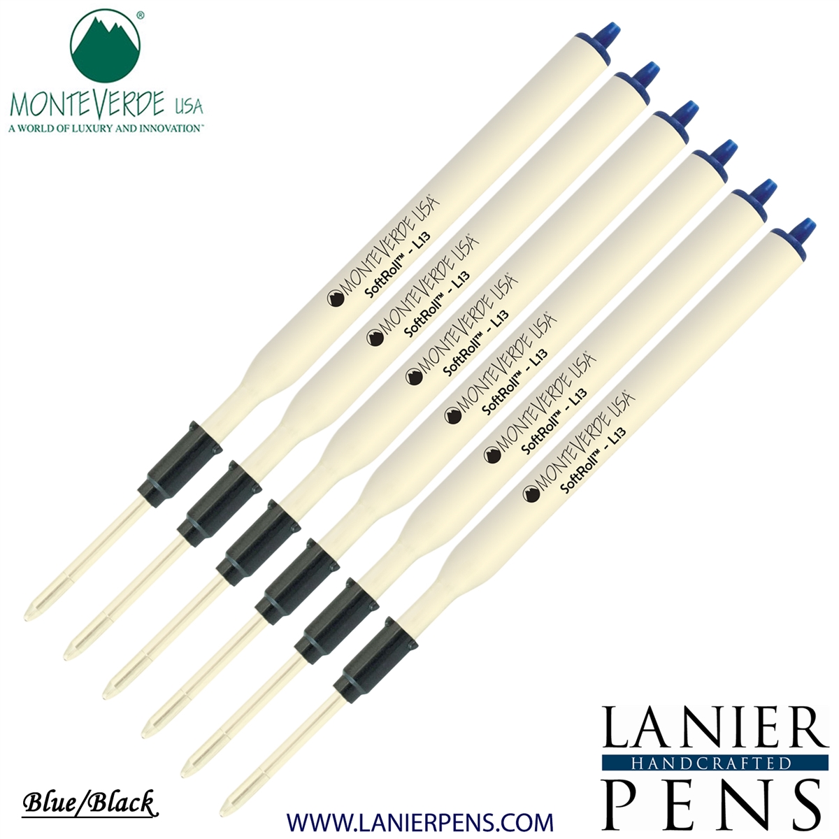 6 Pack - Monteverde Soft Roll Ballpoint L13 Paste Ink Refill Compatible with most Lamy Style Ballpoint Pens - BlueBlack (Medium Tip 0.7mm) - Lanier Pens