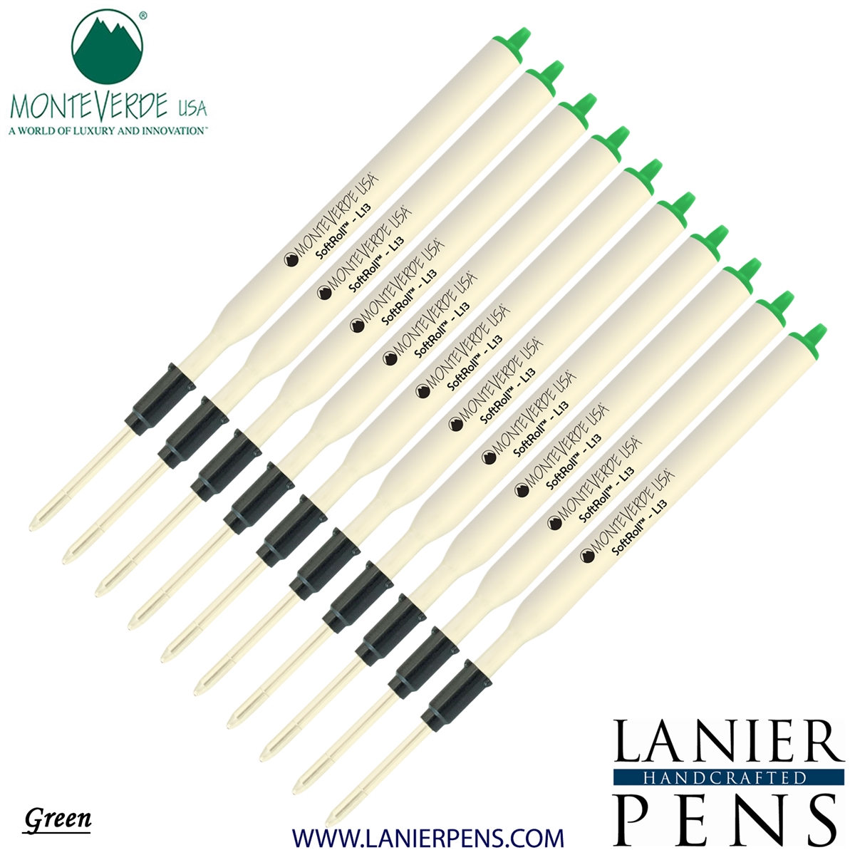 10 Pack - Monteverde Soft Roll Ballpoint L13 Paste Ink Refill Compatible with most Lamy Style Ballpoint Pens - Green (Medium Tip 0.7mm) - Lanier Pens