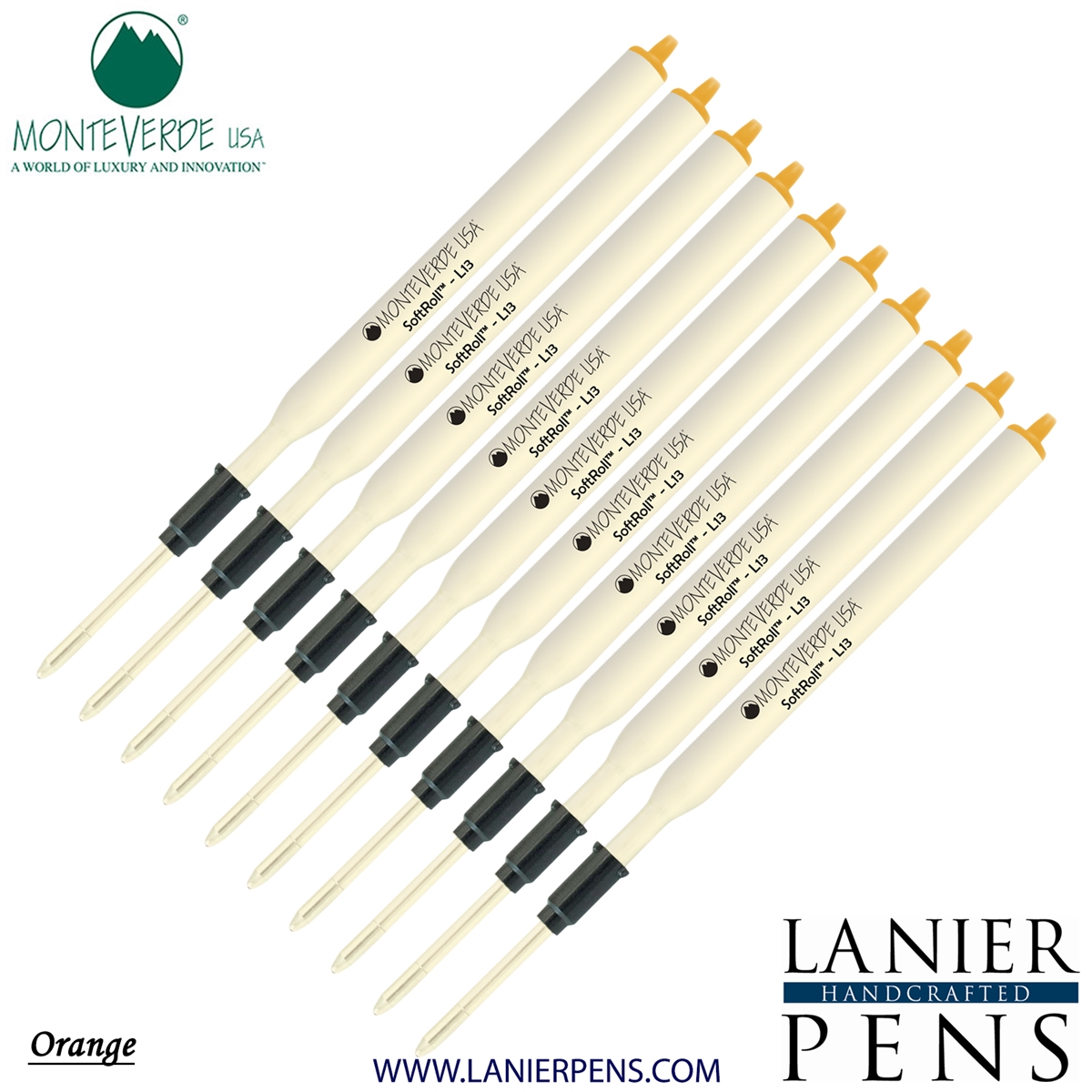 10 Pack - Monteverde Soft Roll Ballpoint L13 Paste Ink Refill Compatible with most Lamy Style Ballpoint Pens - Orange (Medium Tip 0.7mm) - Lanier Pens