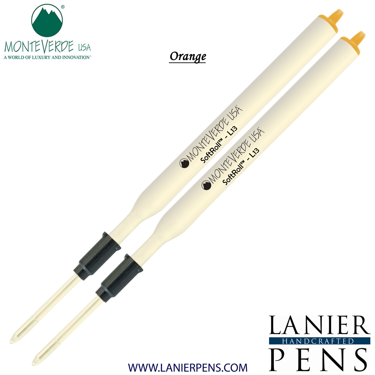 2 Pack - Monteverde Soft Roll Ballpoint L13 Paste Ink Refill Compatible with most Lamy Style Ballpoint Pens - Orange (Medium Tip 0.7mm) - Lanier Pens