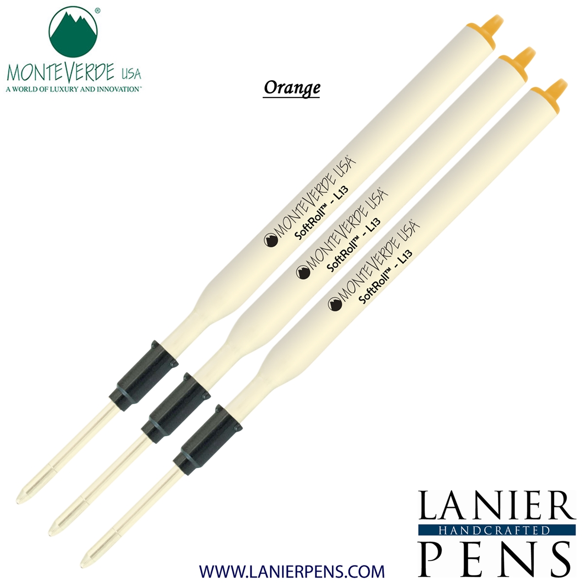 3 Pack - Monteverde Soft Roll Ballpoint L13 Paste Ink Refill Compatible with most Lamy Style Ballpoint Pens - Orange (Medium Tip 0.7mm) - Lanier Pens