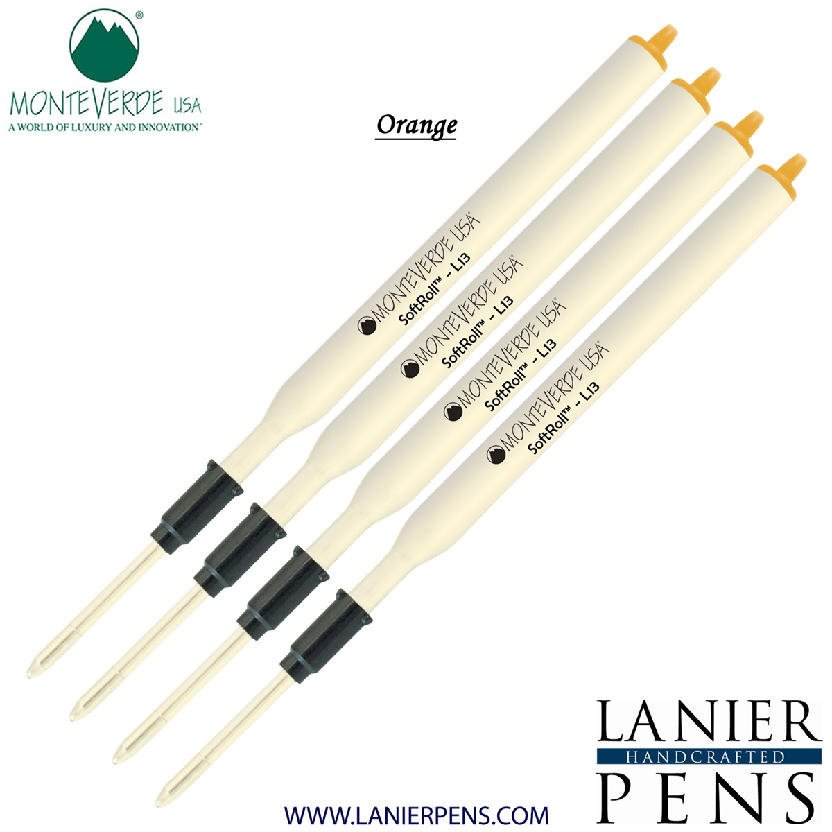 4 Pack - Monteverde Soft Roll Ballpoint L13 Paste Ink Refill Compatible with most Lamy Style Ballpoint Pens - Orange (Medium Tip 0.7mm) - Lanier Pens