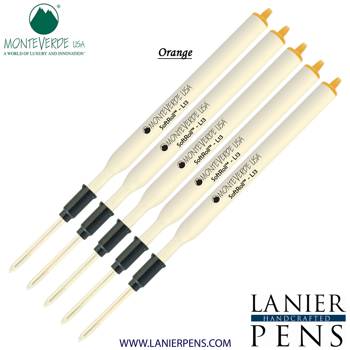 5 Pack - Monteverde Soft Roll Ballpoint L13 Paste Ink Refill Compatible with most Lamy Style Ballpoint Pens - Orange (Medium Tip 0.7mm) - Lanier Pens