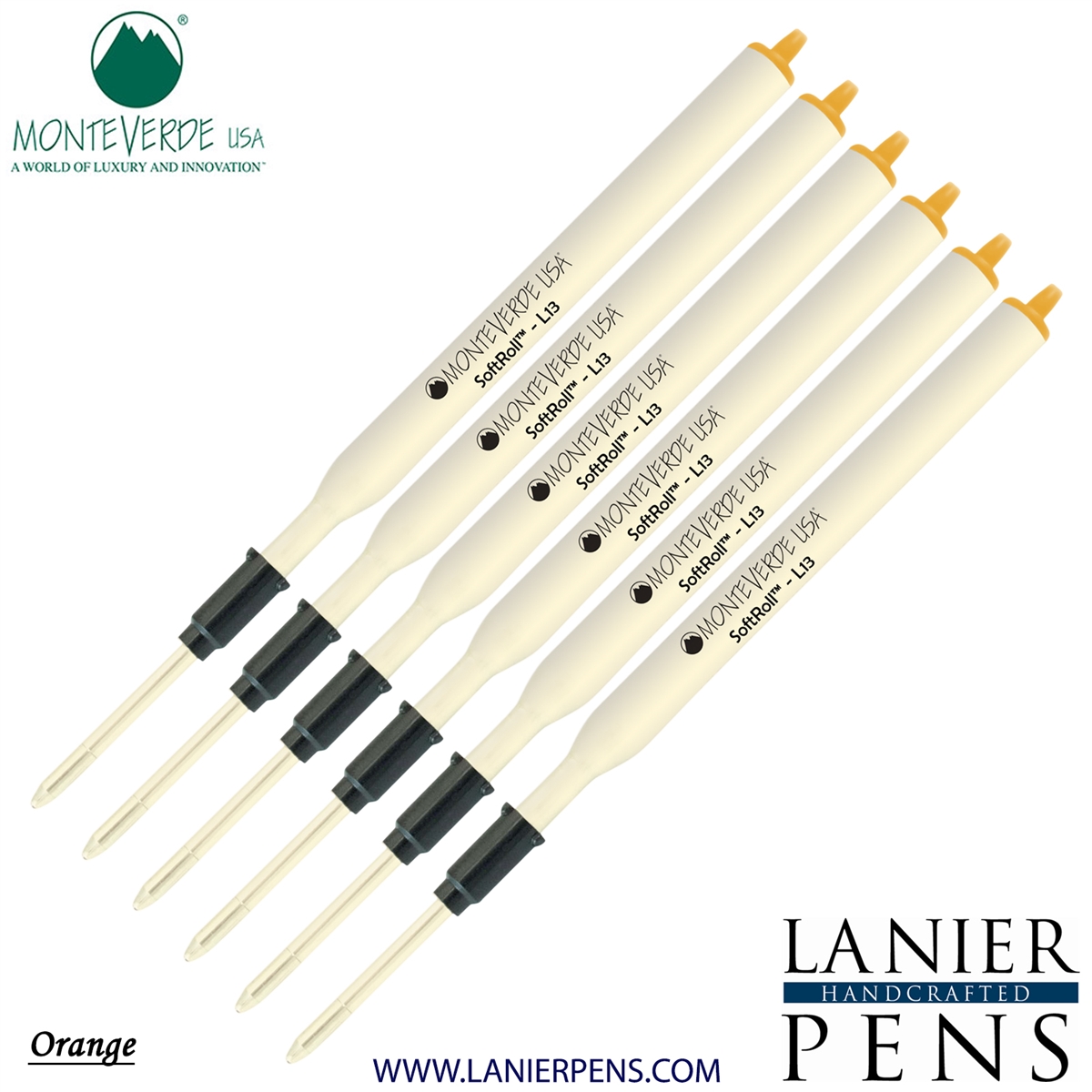 6 Pack - Monteverde Soft Roll Ballpoint L13 Paste Ink Refill Compatible with most Lamy Style Ballpoint Pens - Orange (Medium Tip 0.7mm) - Lanier Pens