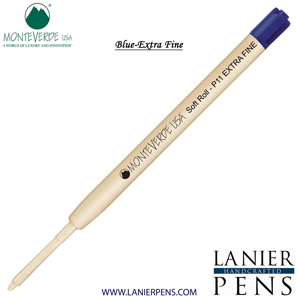 Monteverde Soft Roll Extra Fine Ballpoint P11 Paste Ink Refill Compatible with most Parker Style Ballpoint Pens - Blue (Extra Fine Tip 0.5mm) - Lanier Pens