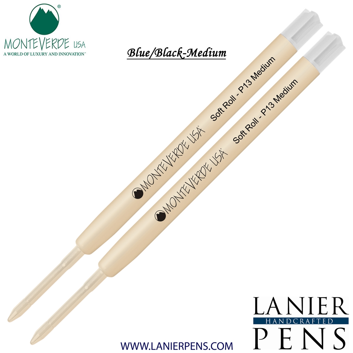 2 Pack - Monteverde SoftRoll Ballpoint P13 Paste Ink Refill Compatible with most Parker Style Ballpoint Pens - BlueBlack (Medium Tip 0.7mm) - Lanier Pens