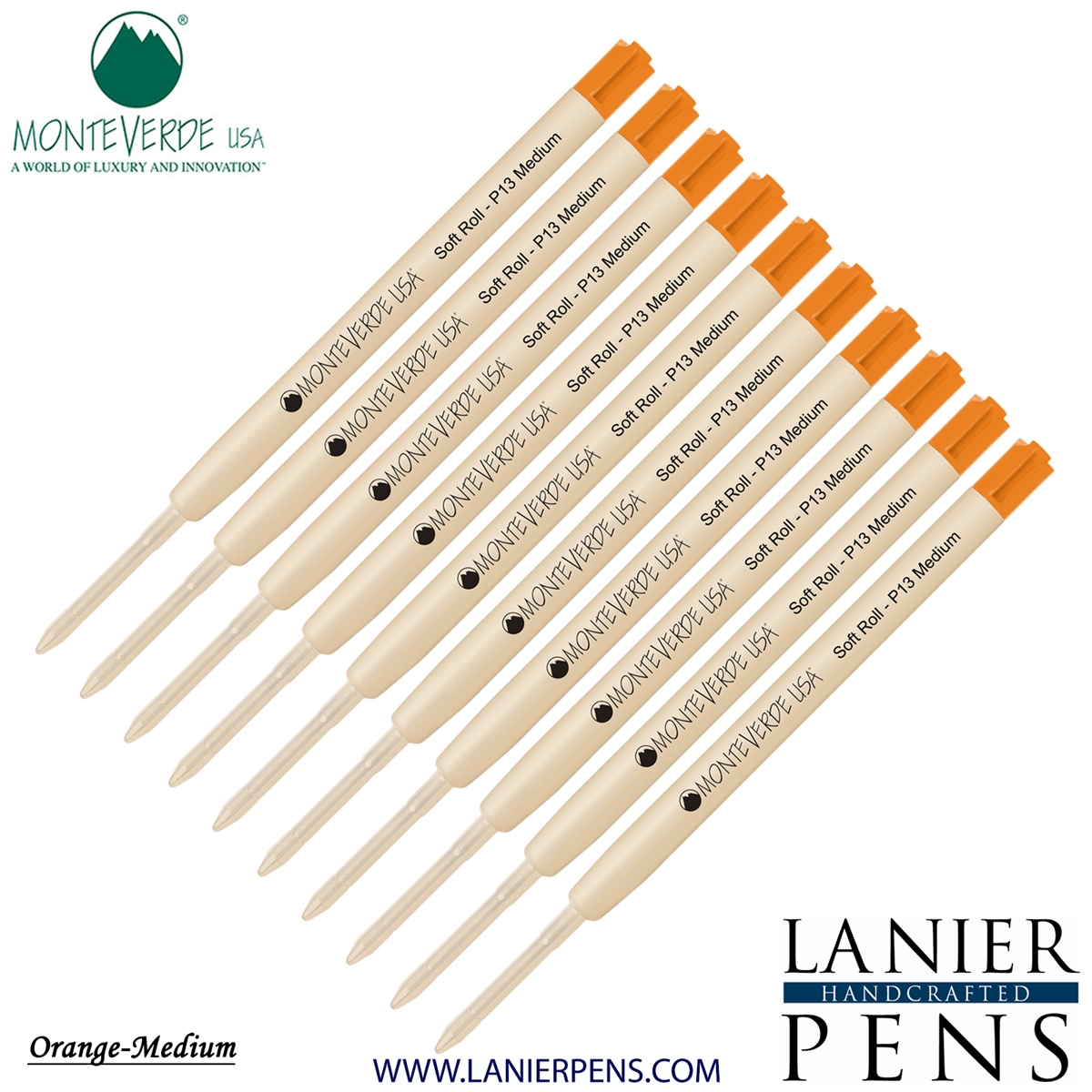 10 Pack - Monteverde SoftRoll Ballpoint P13 Paste Ink Refill Compatible with most Parker Style Ballpoint Pens - Orange (Medium Tip 0.7mm) - Lanier Pens