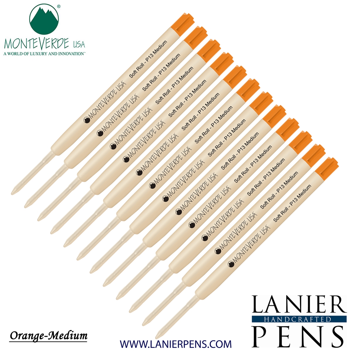 12 Pack - Monteverde SoftRoll Ballpoint P13 Paste Ink Refill Compatible with most Parker Style Ballpoint Pens - Orange (Medium Tip 0.7mm) - Lanier Pens