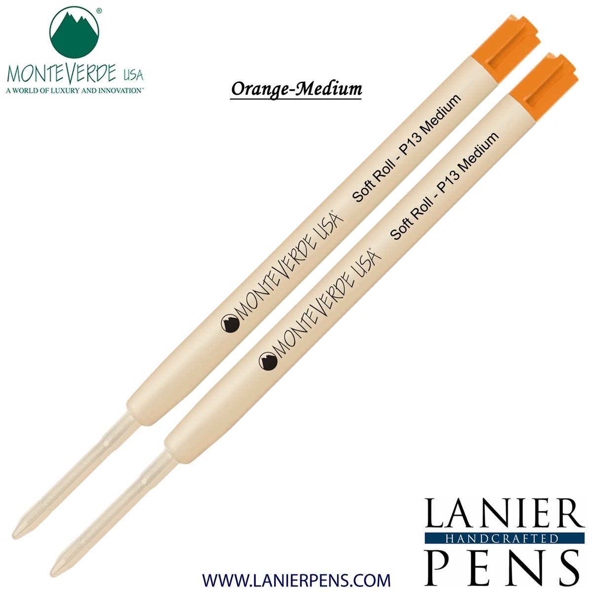 2 Pack - Monteverde SoftRoll Ballpoint P13 Paste Ink Refill Compatible with most Parker Style Ballpoint Pens - Orange (Medium Tip 0.7mm) - Lanier Pens