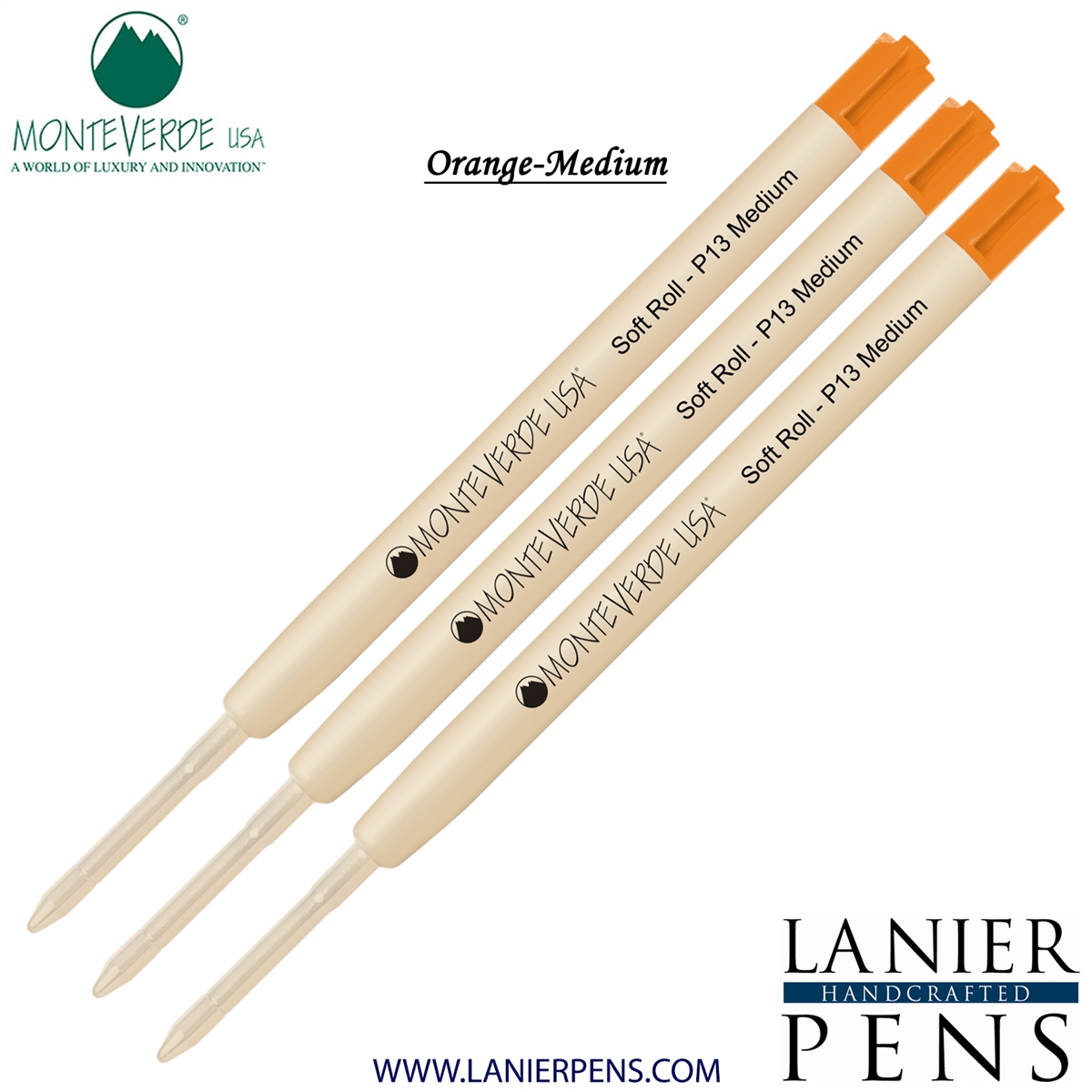 3 Pack - Monteverde SoftRoll Ballpoint P13 Paste Ink Refill Compatible with most Parker Style Ballpoint Pens - Orange (Medium Tip 0.7mm) - Lanier Pens