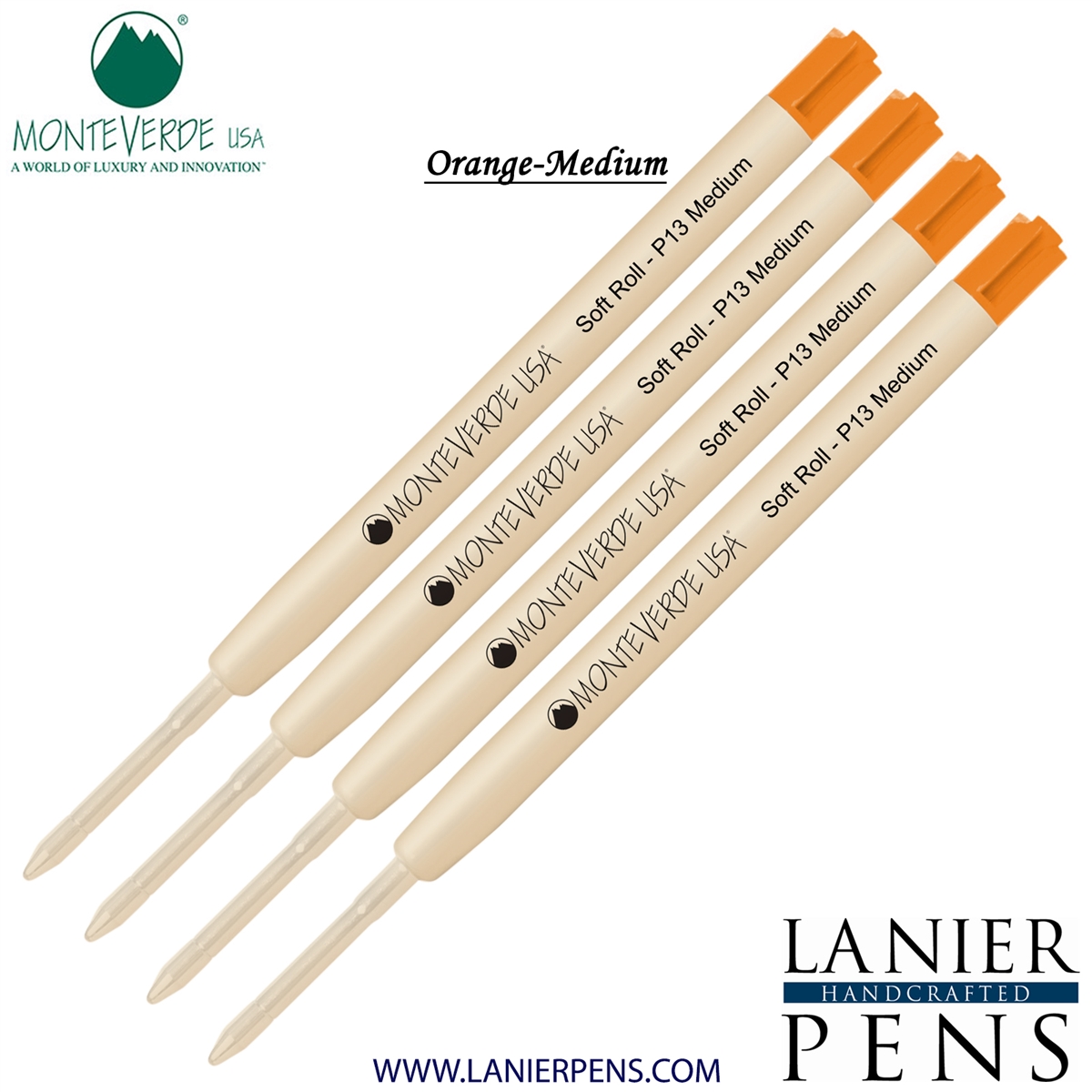 4 Pack - Monteverde SoftRoll Ballpoint P13 Paste Ink Refill Compatible with most Parker Style Ballpoint Pens - Orange (Medium Tip 0.7mm) - Lanier Pens