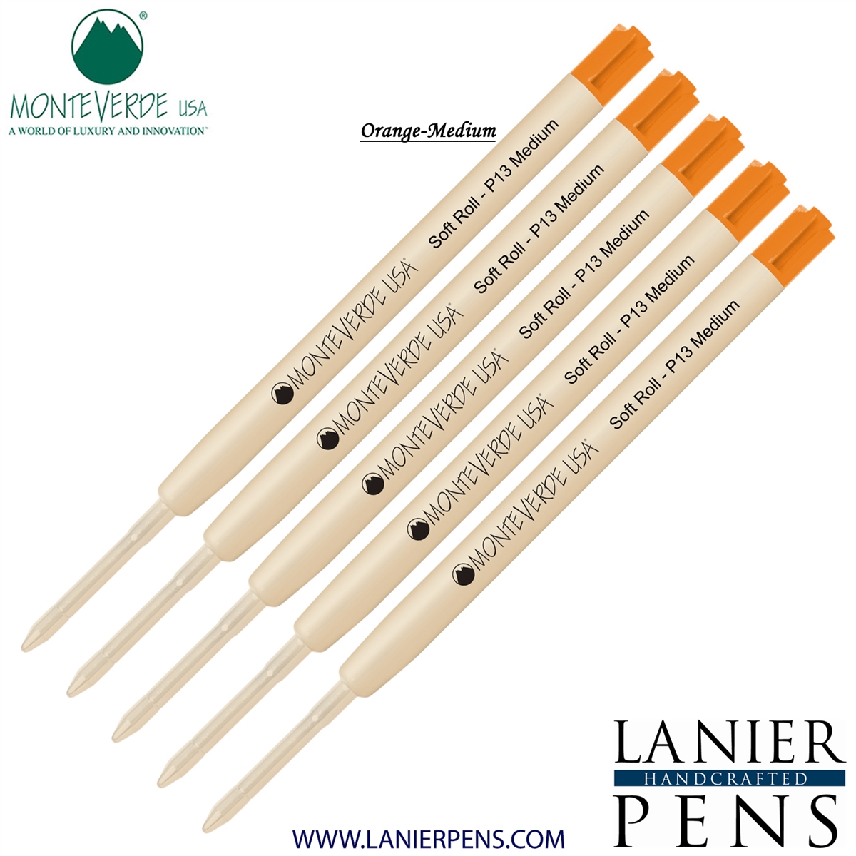 5 Pack - Monteverde SoftRoll Ballpoint P13 Paste Ink Refill Compatible with most Parker Style Ballpoint Pens - Orange (Medium Tip 0.7mm) - Lanier Pens