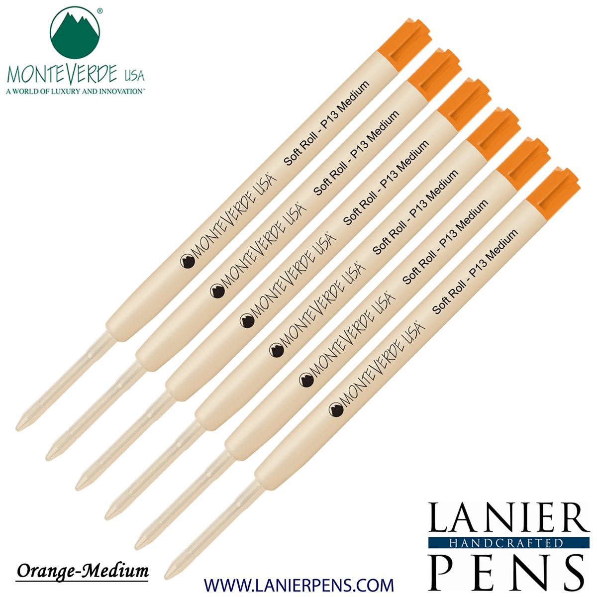 6 Pack - Monteverde SoftRoll Ballpoint P13 Paste Ink Refill Compatible with most Parker Style Ballpoint Pens - Orange (Medium Tip 0.7mm) - Lanier Pens