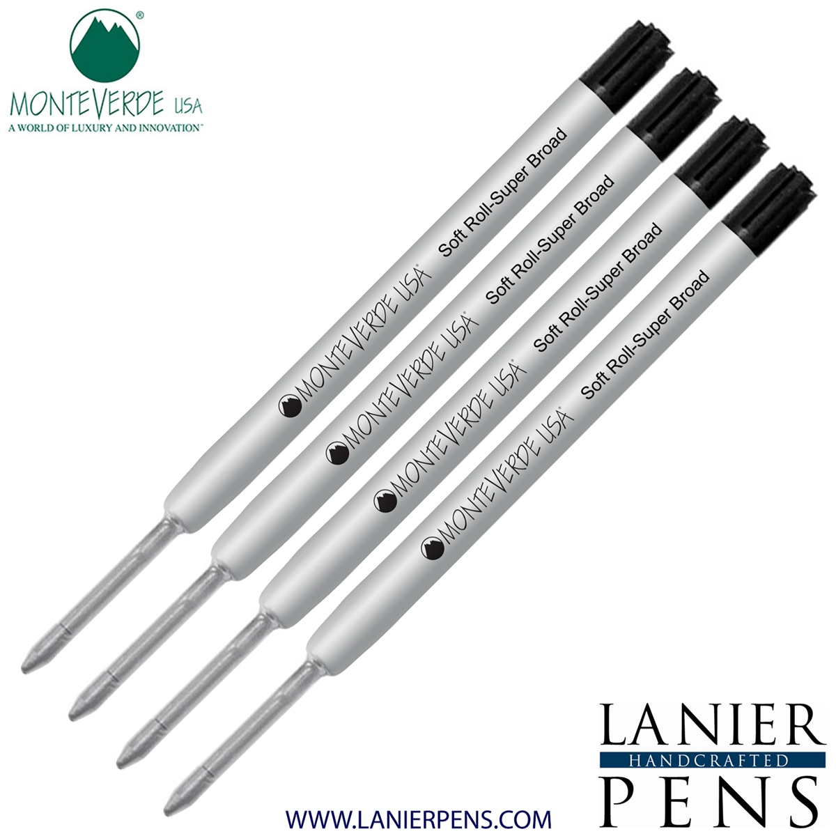 4 Pack - Monteverde Soft Roll Super Broad Ballpoint P15 Paste Ink Refill Compatible with most Parker Style Ballpoint Pens - Black (Super Broad Tip 1.4mm) - Lanier Pens