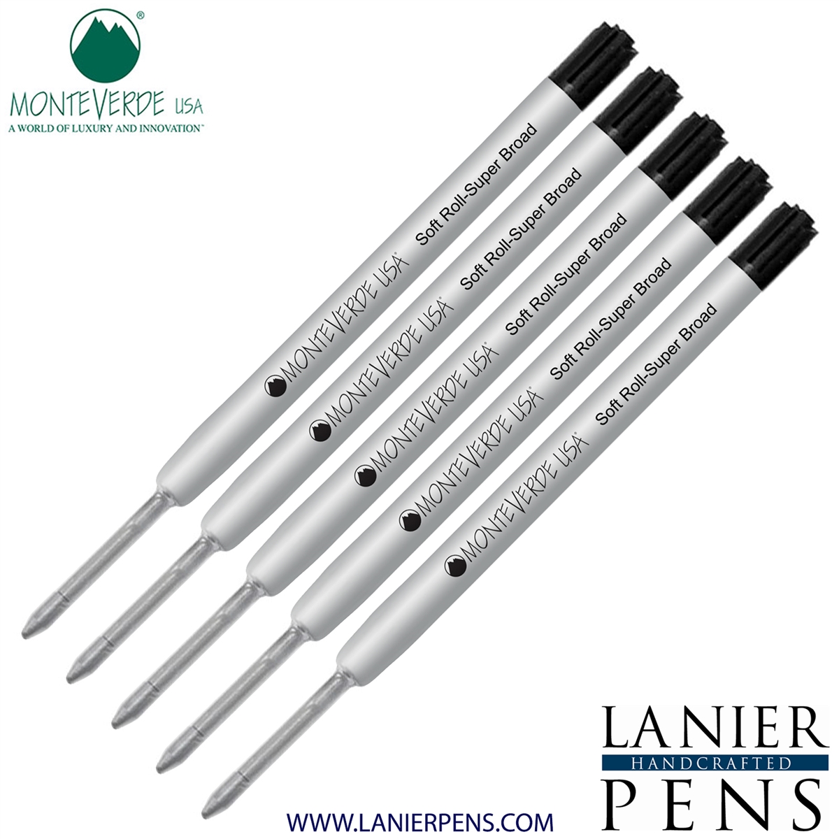 5 Pack - Monteverde Soft Roll Super Broad Ballpoint P15 Paste Ink Refill Compatible with most Parker Style Ballpoint Pens - Black (Super Broad Tip 1.4mm) - Lanier Pens