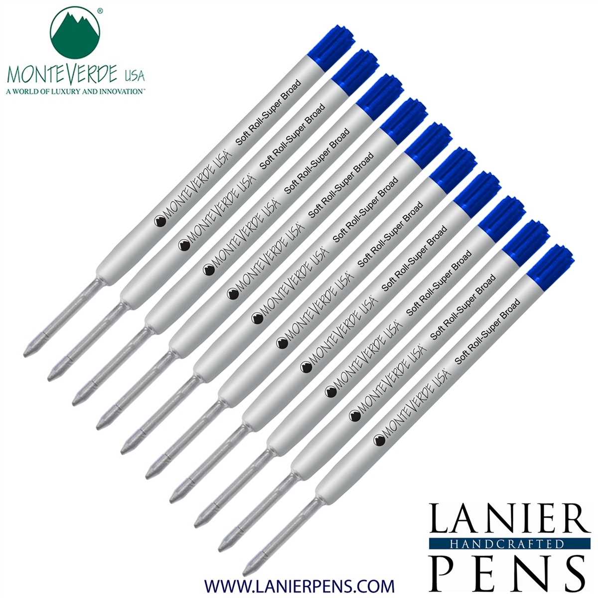 10 Pack - Monteverde Soft Roll Super Broad Ballpoint P15 Paste Ink Refill Compatible with most Parker Style Ballpoint Pens - Blue (Super Broad Tip 1.4mm) - Lanier Pens