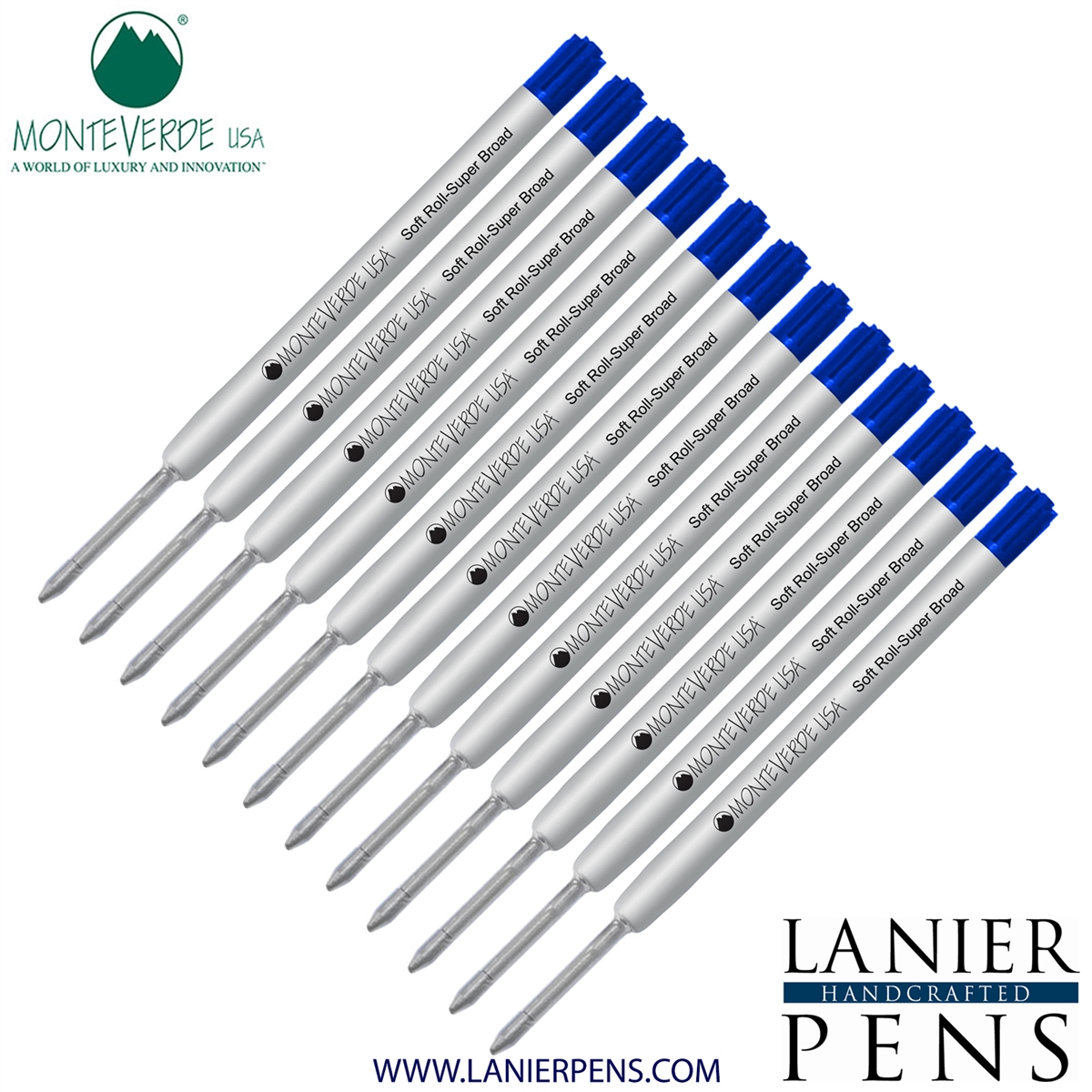 12 Pack - Monteverde Soft Roll Super Broad Ballpoint P15 Paste Ink Refill Compatible with most Parker Style Ballpoint Pens - Blue (Super Broad Tip 1.4mm) - Lanier Pens