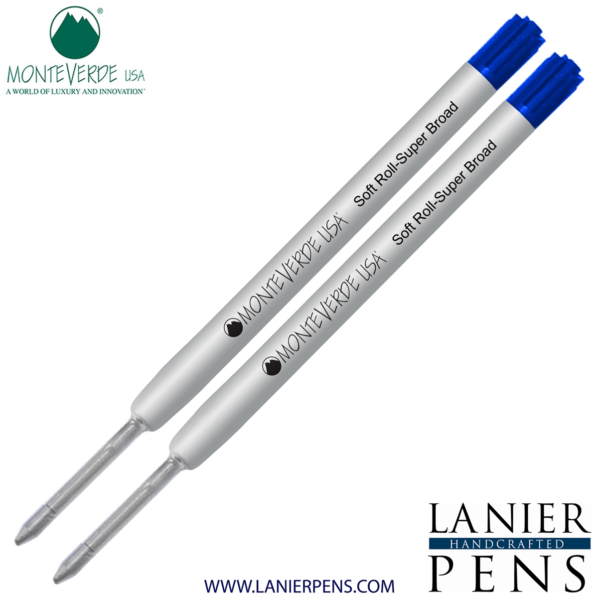 2 Pack - Monteverde Soft Roll Super Broad Ballpoint P15 Paste Ink Refill Compatible with most Parker Style Ballpoint Pens - Blue (Super Broad Tip 1.4mm) - Lanier Pens