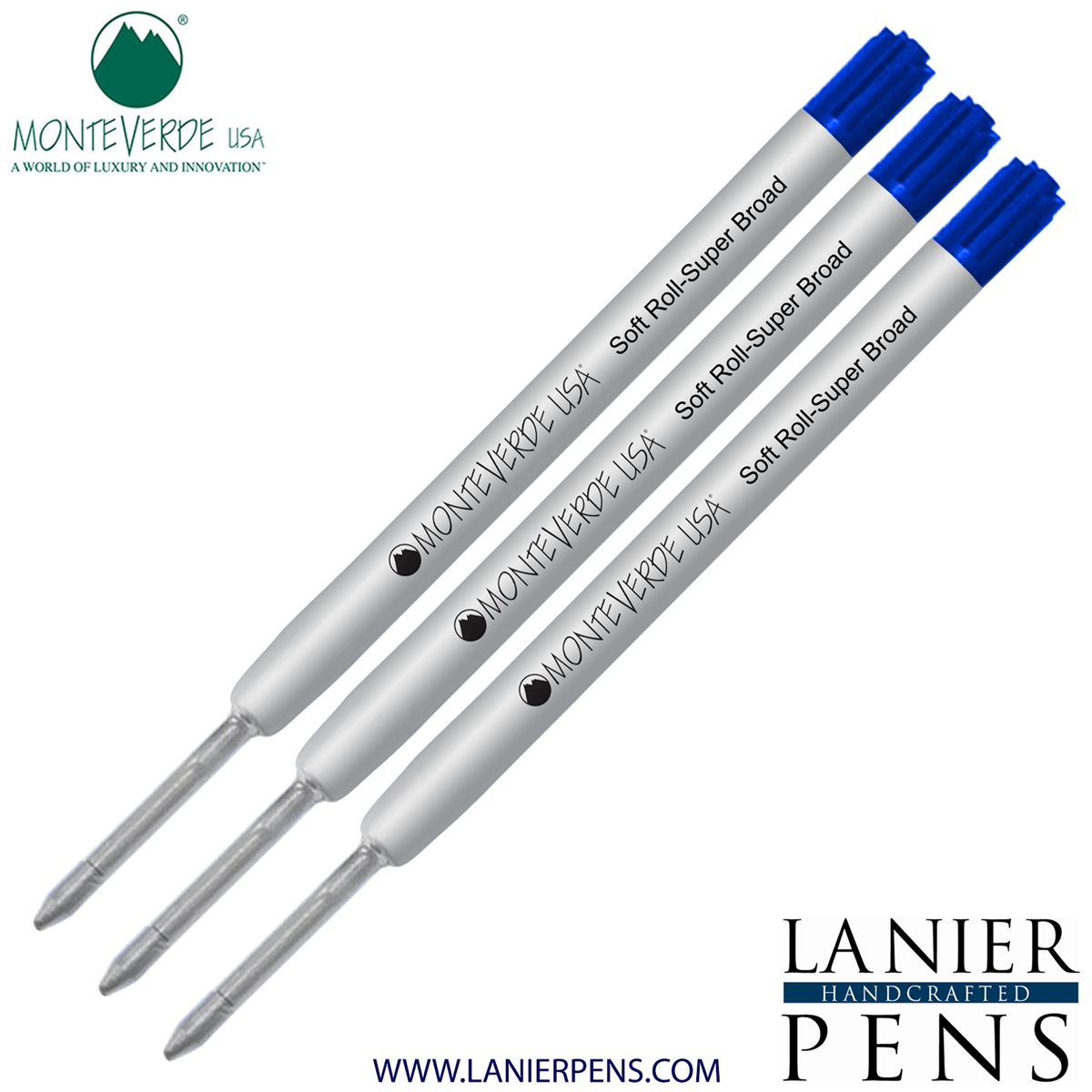 3 Pack - Monteverde Soft Roll Super Broad Ballpoint P15 Paste Ink Refill Compatible with most Parker Style Ballpoint Pens - Blue (Super Broad Tip 1.4mm) - Lanier Pens