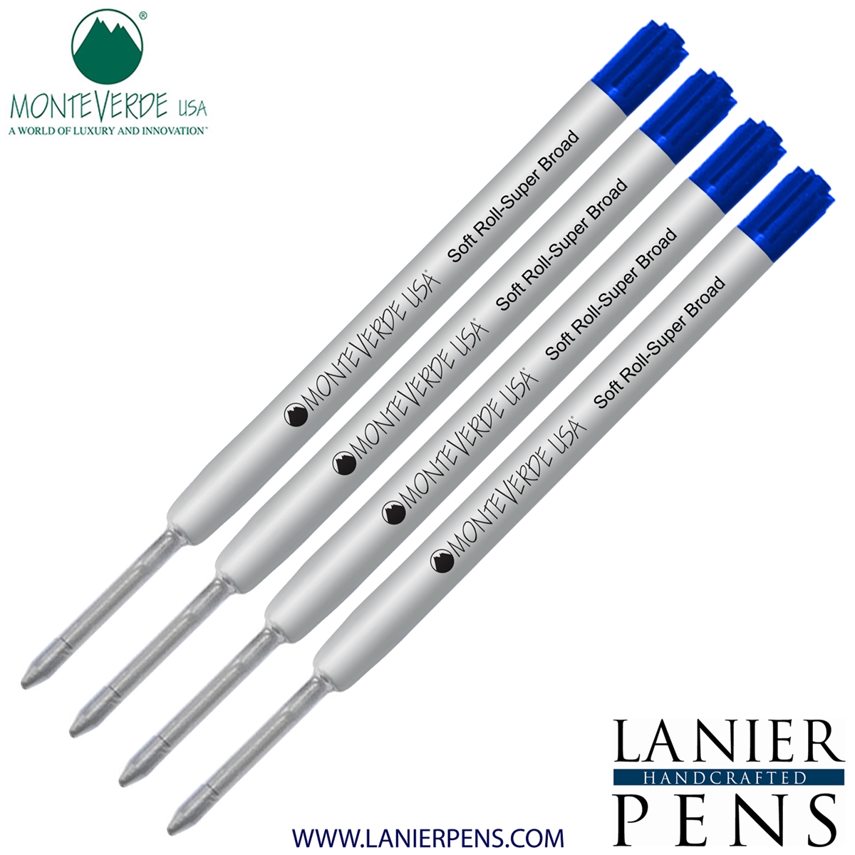 4 Pack - Monteverde Soft Roll Super Broad Ballpoint P15 Paste Ink Refill Compatible with most Parker Style Ballpoint Pens - Blue (Super Broad Tip 1.4mm) - Lanier Pens