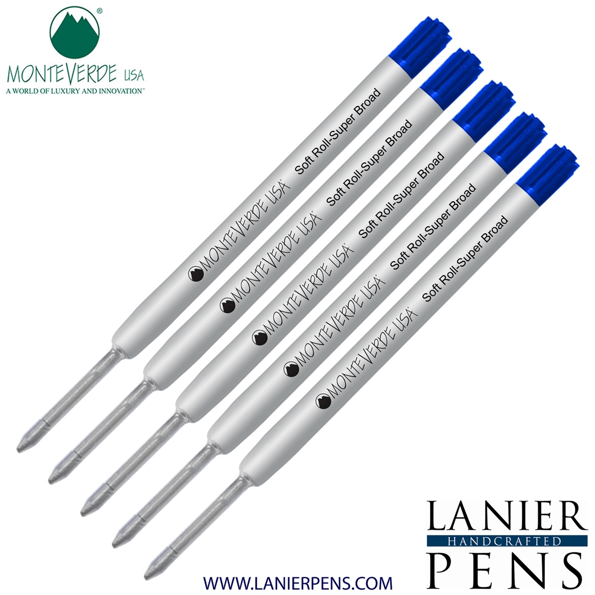5 Pack - Monteverde Soft Roll Super Broad Ballpoint P15 Paste Ink Refill Compatible with most Parker Style Ballpoint Pens - Blue (Super Broad Tip 1.4mm) - Lanier Pens