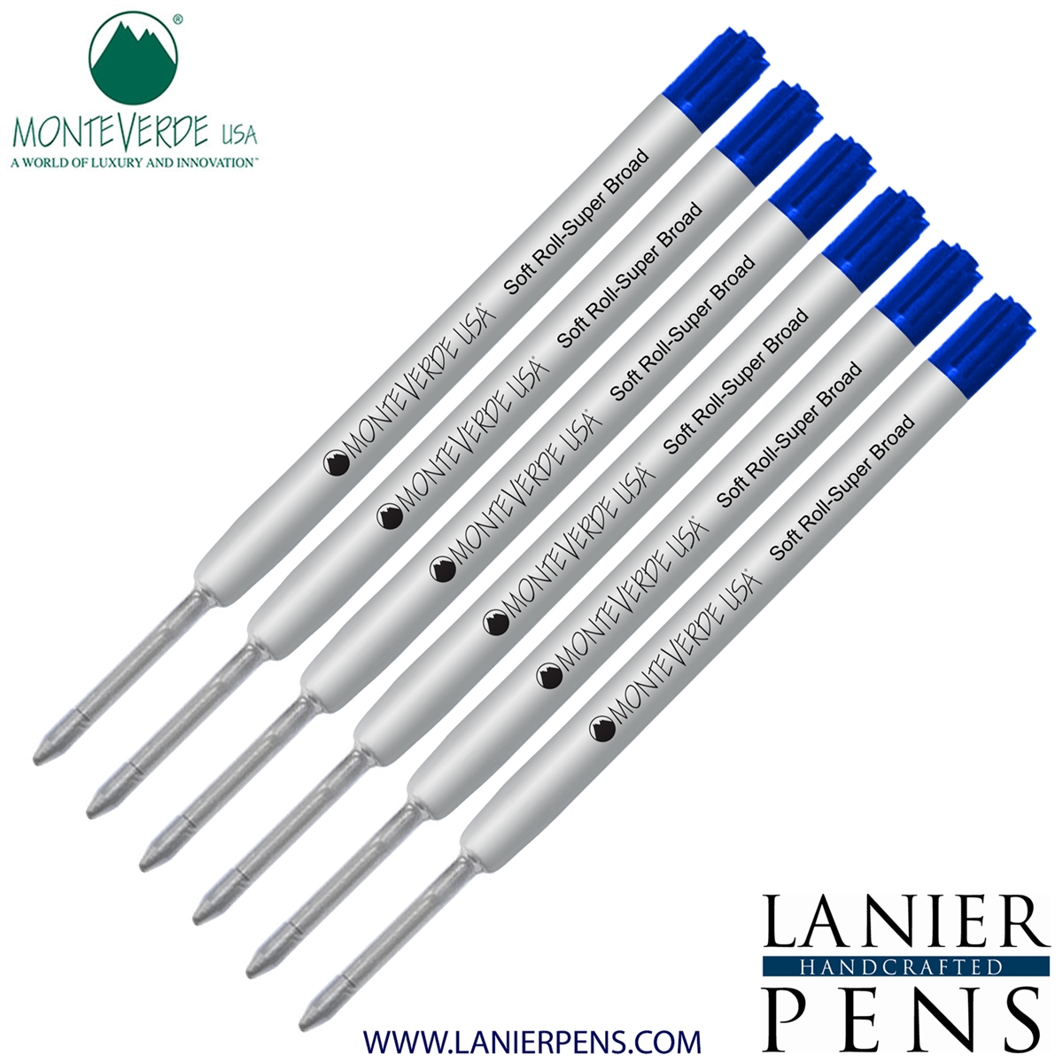 6 Pack - Monteverde Soft Roll Super Broad Ballpoint P15 Paste Ink Refill Compatible with most Parker Style Ballpoint Pens - Blue (Super Broad Tip 1.4mm) - Lanier Pens