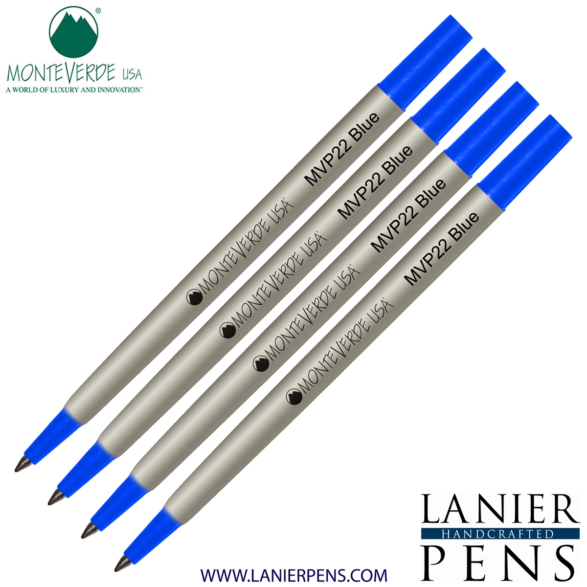 4 Pack - Monteverde Rollerball P22 Paste Ink Refill Compatible with most Parker Style Rollerball Pens - Blue (Fine Tip 0.6mm) - Lanier Pens